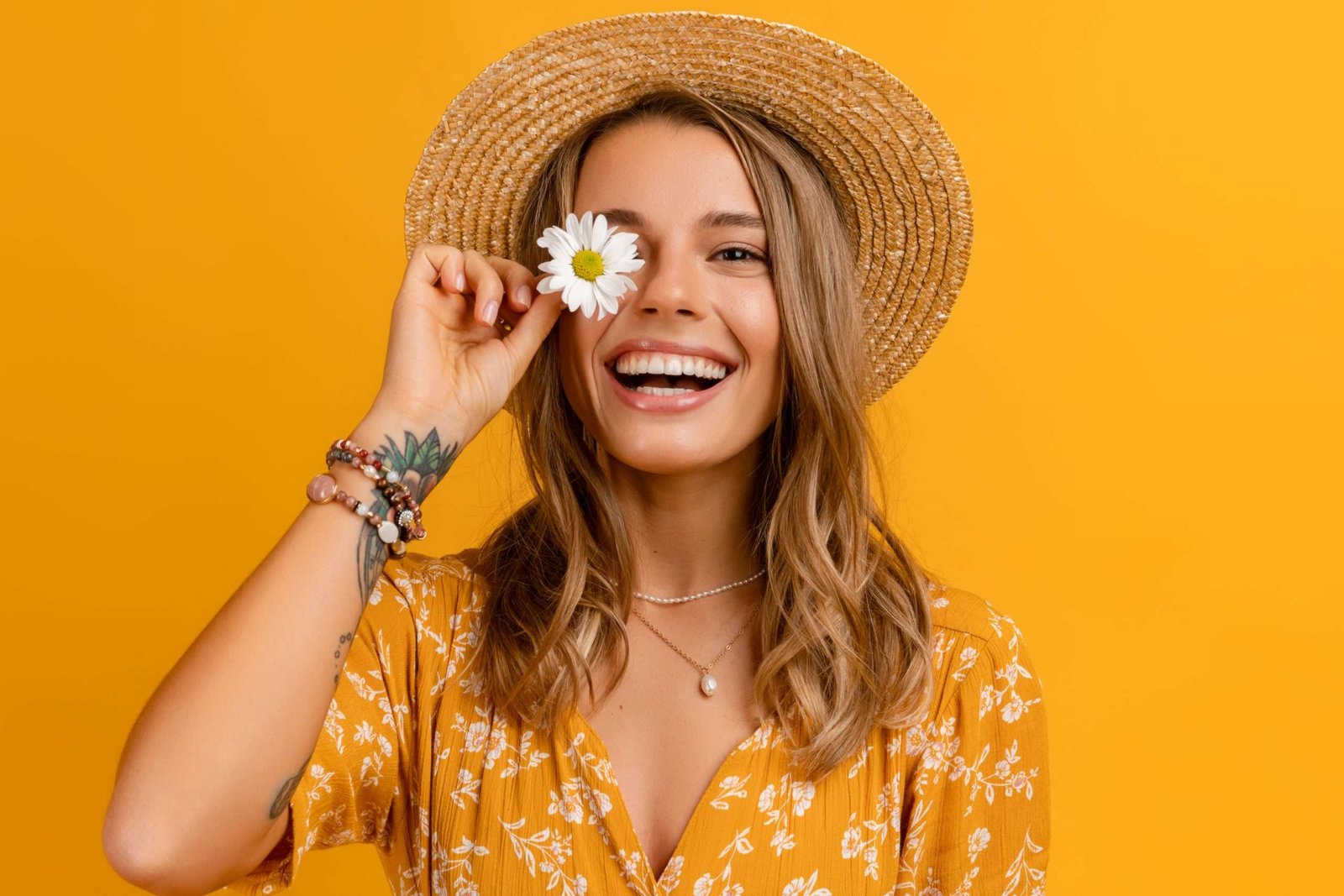 Beautiful,Attractive,Stylish,Woman,In,Yellow,Dress,And,Straw,Hat